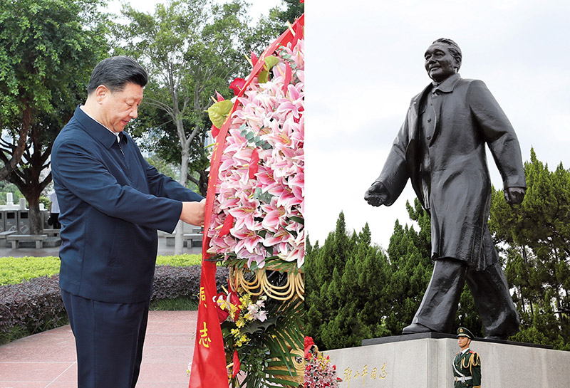 2020年10月14日，深圳經濟特區建立40周年慶祝大會在廣東省深圳市隆重舉行。中共中央總書記、國家主席、中央軍委主席習近平在會上發表重要講話。這是當天下午，習近平來到蓮花山公園，向鄧小平同志銅像敬獻花籃。 新華社記者 王曄/攝